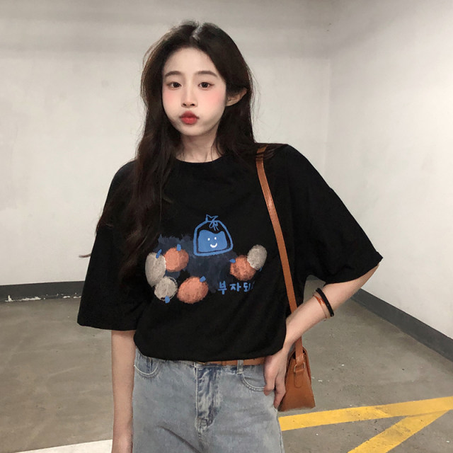 Short-sleeved T-shirt women's spring 2022 new fashion Western style loose round neck pullover printing bottoming shirt top ins tide