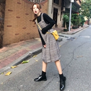 2018 mới mùa thu và mùa đông của phụ nữ Hàn Quốc phiên bản của chic retro tartan kẻ sọc dây đeo váy váy váy mỏng