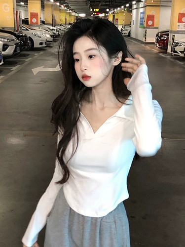 Цветной летний сексуальный лонгслив, дизайнерская белая рубашка, воротник поло, стиль, короткий рукав, облегающий крой