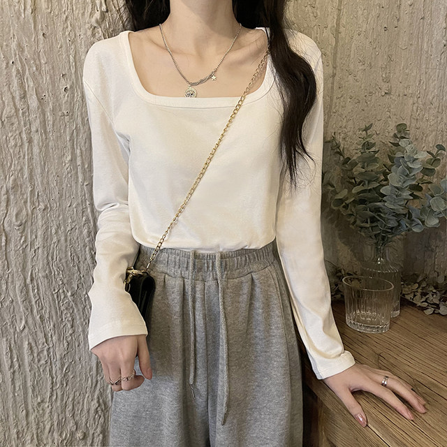 Small square collar short T-shirt women's 2022 spring new loose long-sleeved white bottoming shirt top