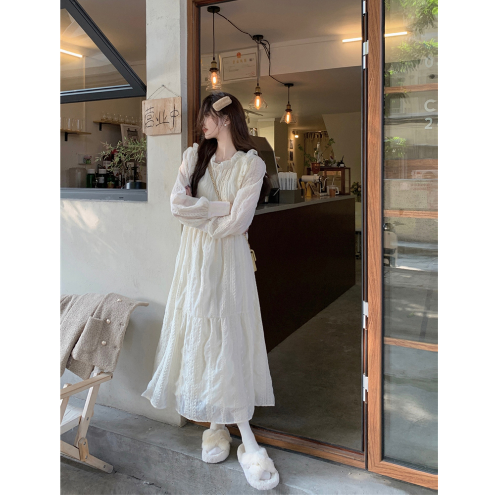 Gentle Wind Lace Silk Dress Dress Woman Dress Spring Autumn 2024 New very fairy gush thicken warm beating base long skirt-Taobao