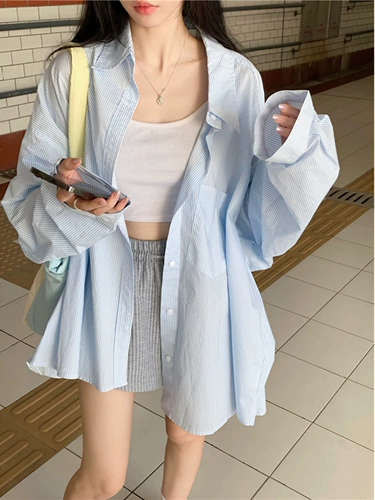 Синяя осенняя дизайнерская рубашка, лонгслив, куртка, оверсайз, защита от солнца