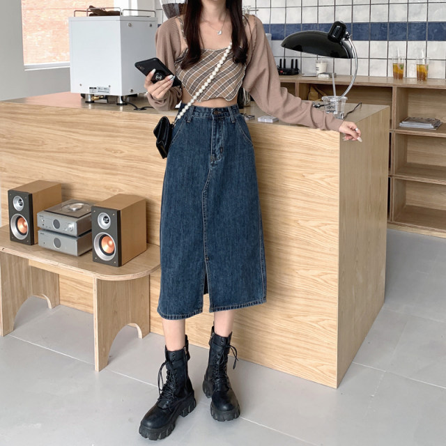 A-line skirt spring new 2022 denim skirt high waist mid-length slit net red Hong Kong style skirt female chic