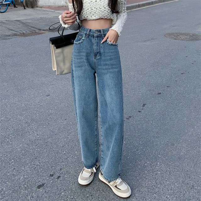 Light blue wide-leg jeans women's autumn Korean version 2022 new high-waisted loose straight-leg pants are thin and mopping pants