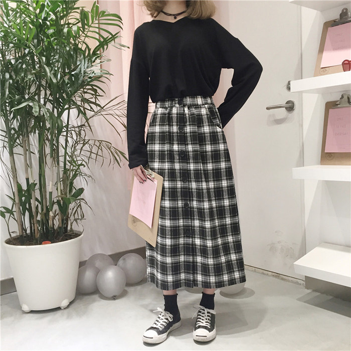 韩版时尚休闲套装春夏V领长袖T恤上衣+中长款格子半身裙两件套女