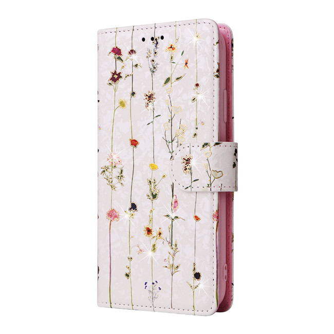 Charming Glitter Pastel Floral Print Folio Wallet Stand Phone Case