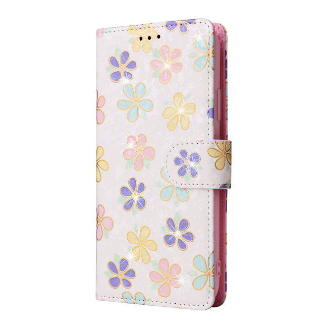 Charming Glitter Pastel Floral Print Folio Wallet Stand Phone Case