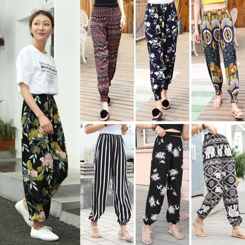 Seaside vacation Bohemian wide leg beach pants women's summer loose pants Thai ethnic wind cotton silk bloomers