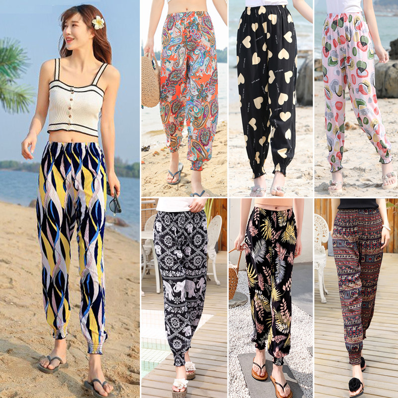 Comfort Cotton Silk Printed Light Cage Pants Women Summer 90% Pants National Style Kharen Pants Women Pants Loose Seaside Beach Pants