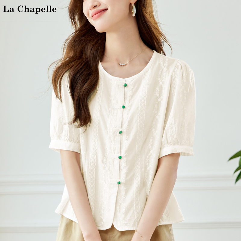La Chapelle New Chinese-Style National Style Shirt for Women, Pure Cotton Short-Sleeve Summer High-End Shirt, Petite Top Blouse