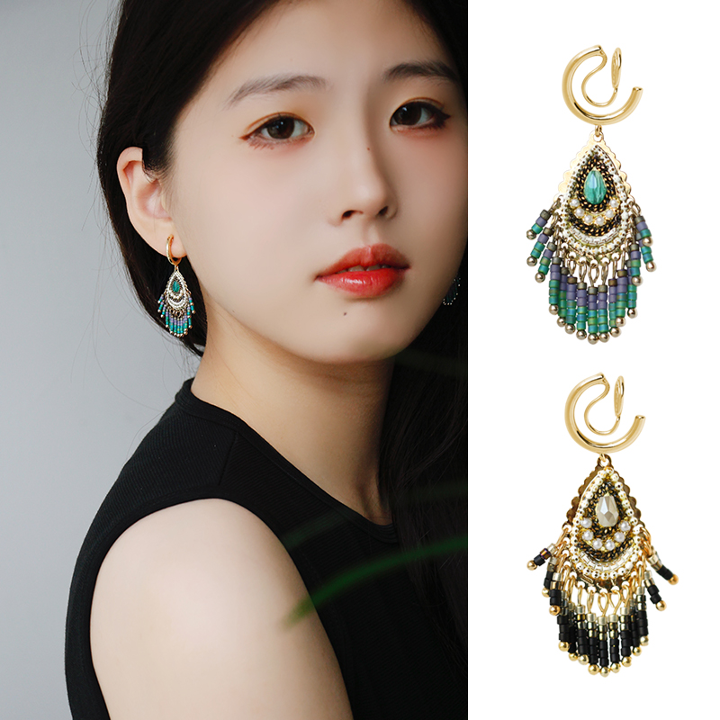 Retro Bohemian Artisanal Water Drop Crystal String Beads Flow Suno Earrings Earrings Palace Noble Gas Mosquito Incense Tray Ear Clip-Taobao