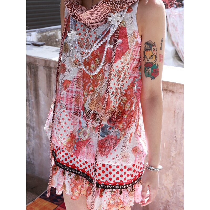 Panxiyu1 Retro Leather Collar Patchwork Plaid Polka Dot Lace Vest for Girls Spring and Summer Panxiyu1 Retro Leather Collar Patchwork Plaid Polka Dot Lace Vest for Girls Spring and Summer
