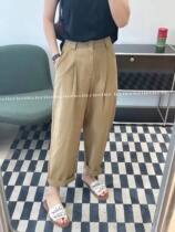 2022 Summer Season High Waist One Grain Button Slim Casual Pure Color Casual Curbside Little Guy 90% Pants Straight Drum Pants