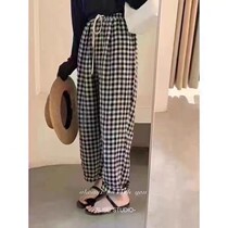 South Korea Summer Thin style comfort cotton linen casual pants tightness waist pumping rope wide leg 90% pants Chessboard Grunty Pants