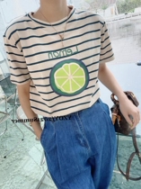 2021 summer new round neck stripe lemon letter short sleeve t-shirt women loose versatile half sleeve shirt top