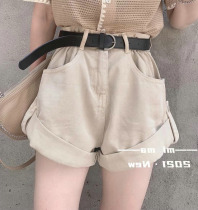 South Korea summer new fashion Joker high waist A pants thin apricot color curly denim shorts women