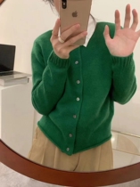 South Korea autumn new solid color simple soft waxy wool cardigan women loose curling Foreign color slim knitwear coat