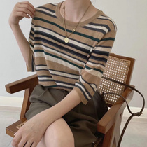 Round neck soft colored striped pinstripe wool short sleeve knitwear women early autumn slim thin top