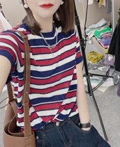 Summer short-sleeved womens striped color ice knitted sweater womens round neck breathable loose thin casual versatile T-shirt tide tide