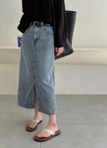 Korean department 2022 summer style light color denim half body dress woman high waist display slim fit front open fork foreign air bag hip skirt