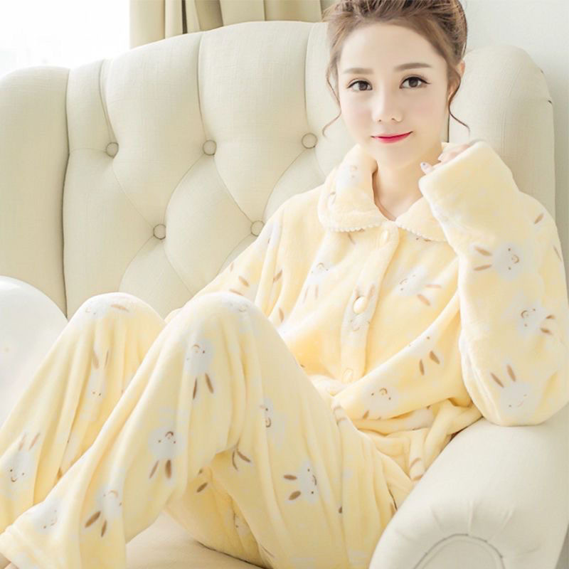 Coral Velvet Pajamas for Women in Autumn and Winter, Thickened Pajamas, Long-Sleeved Flannel Pajamas, Cardigan, Cute Plus Size Set Coral Velvet Pajamas for Women in Autumn and Winter, Thickened Pajamas, Long-Sleeved Flannel Pajamas, Cardigan, Cute Plus Size Set