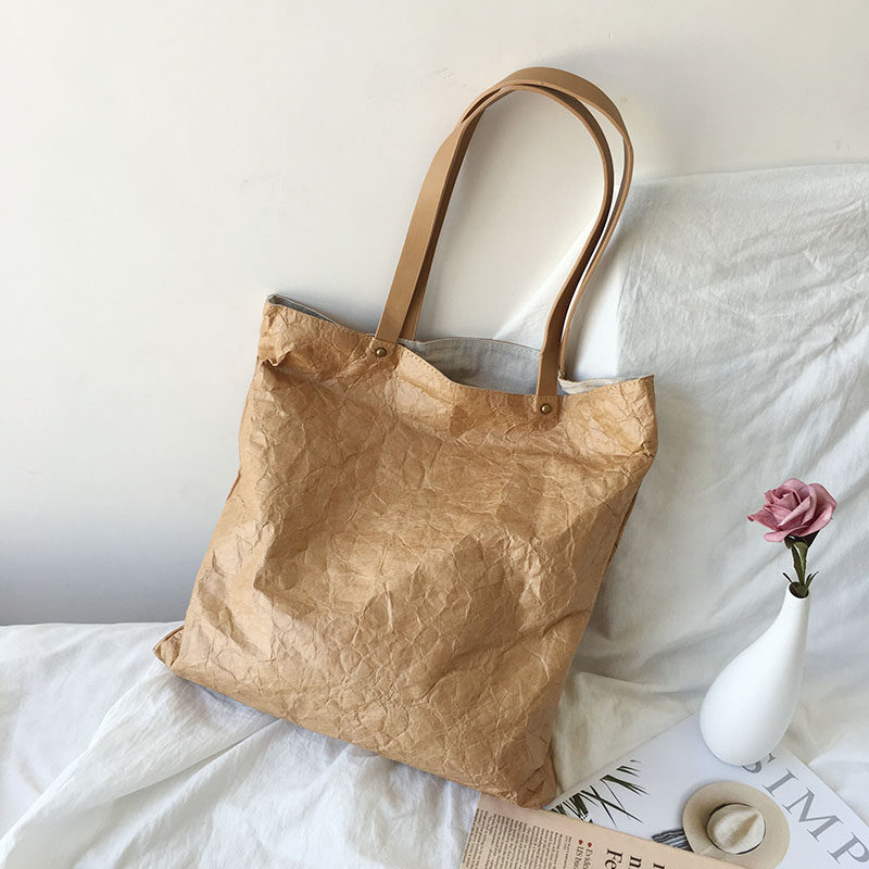 Retro Japanese-Style Waterproof Kraft Paper Tyvek Tote, Large Canvas-Lined Shoulder Bag - Thumbnail 5