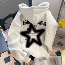 100% pure cotton American retro fashion brand star print hooded sweatshirt for women autumn and winter loose casual lazy style jacket