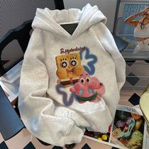 100% pure cotton college style Spongebob printed hooded sweatshirt for women autumn and winter loose lazy style couple top trendy