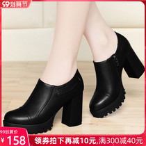 Round head Joker waterproof table thick heel single shoes 2021 new autumn high heels black womens shoes Middle heel leather shoes