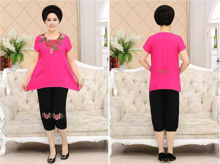 Phụ nữ trung niên của mùa hè ăn mặc đặt 6XL5 cộng với phân bón XL mẹ thêu bông giản dị và vải lanh hai mảnh đặt 200 kg áo sơ mi nữ trung niên