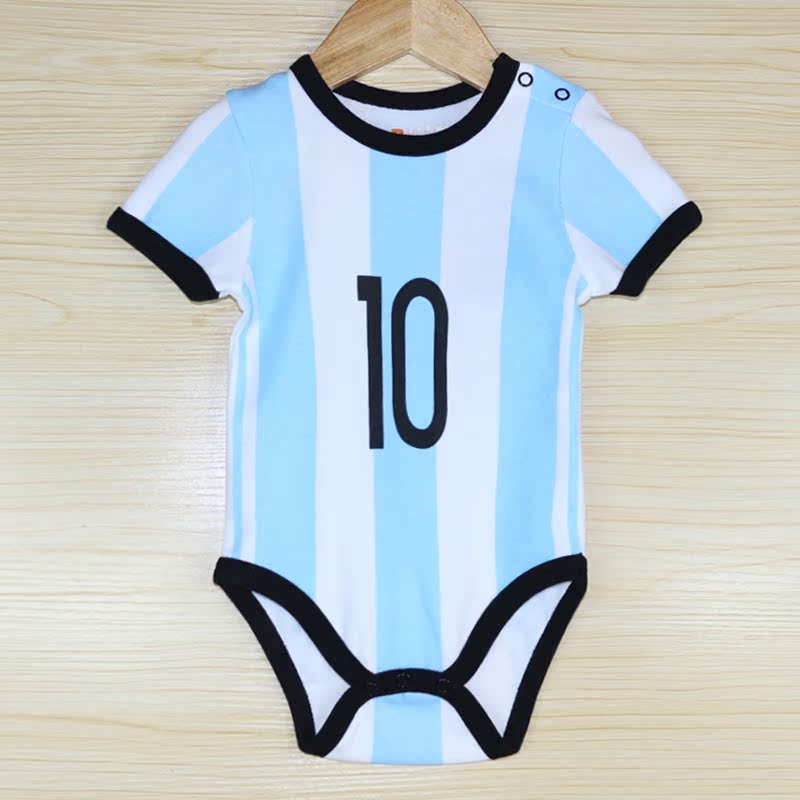 Bé quần áo bóng đá bé ngắn tay áo khoác mùa hè romper jumpsuit bé World Cup jersey túi rắm cotton