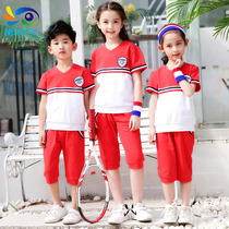 2021 boys and girls cotton V-neck T-shirt school uniform set red and white color sports class uniforms kindergarten uniforms casual wear