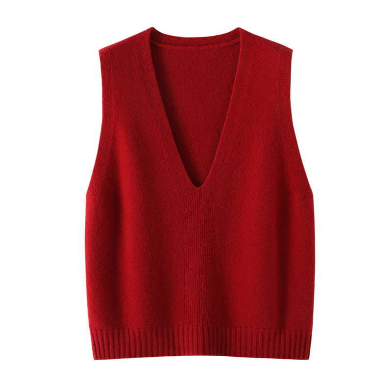 New Autumn and Winter Wool V-Neck Knit Sweater Red Vest for Women, Loose Fit, Layered Wear, Versatile, Slimming, Sleeveless Jacket