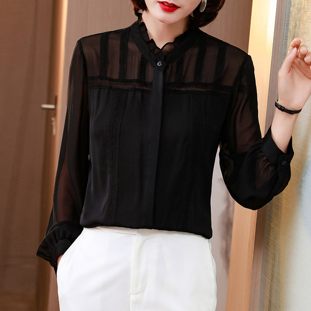 Heavy silk shirt for women 2022 new spring and summer lace long-sleeved shirt design and temperament mulberry silk top