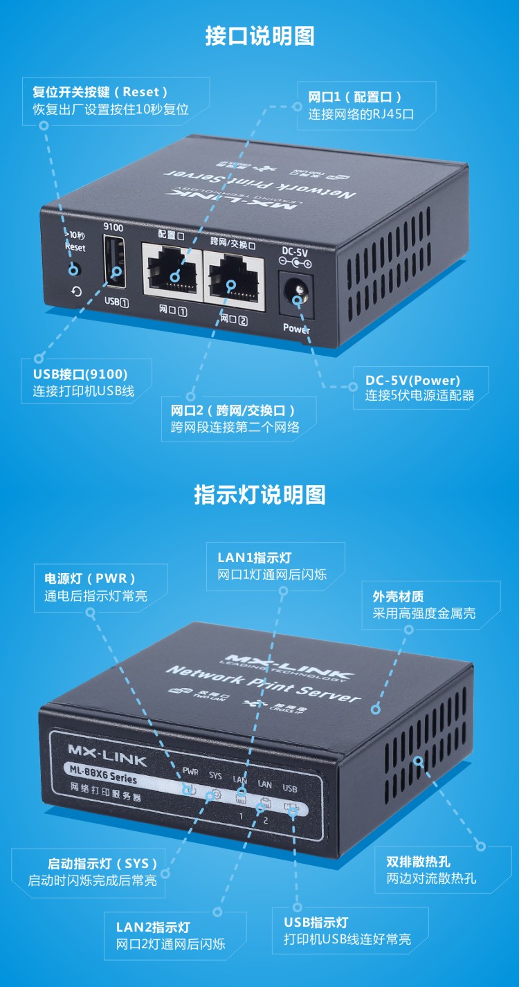 Máy chủ in MX-LINK cổng mạng kép phân đoạn mạng không có phần mềm mạng chia sẻ máy in USB bên ngoài - Phụ kiện máy in hộp mực máy in