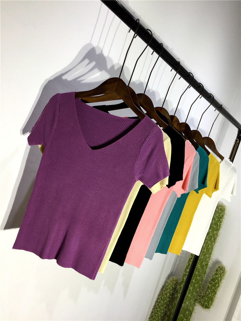 Bất bắn mùa hè đan T-Shirt nữ phần ngắn V-Cổ áo thun siêu mỏng màu rắn ngắn tay mỏng giảm béo hoang dã đáy áo triều thời trang nữ 2021