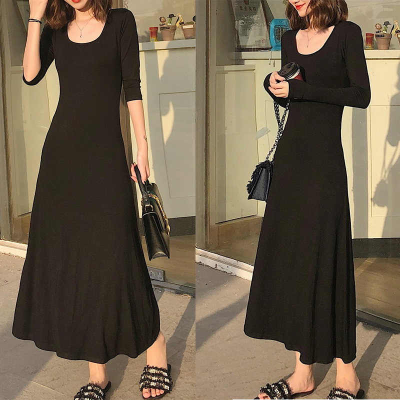 Black Modal Plus-Size Long-Sleeve Dress for Women, Spring and Autumn Long Over-The-Knee Dress, Early Autumn Elegant A-Line Dress