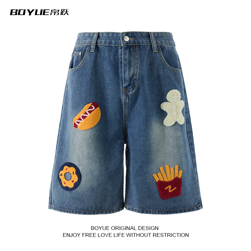 Boyue American Retro Creative Hot Dog Burger Towel Embroidery Denim Shorts Dopamine Five-Point Shorts for Men and Women