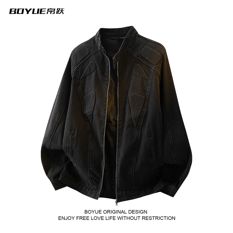 Boyue Chinese-Style Embossed Stand-Up Collar Zip-Up Denim Jacket with Shoulder Pads, Heavy-Duty Casual Unisex Coat