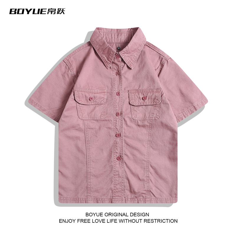 Boyue Japanese-Style Vintage Washed Button-Down Workwear Style Short-Sleeve Unisex Slim-Fit Turn-Down Collar Denim Shirt