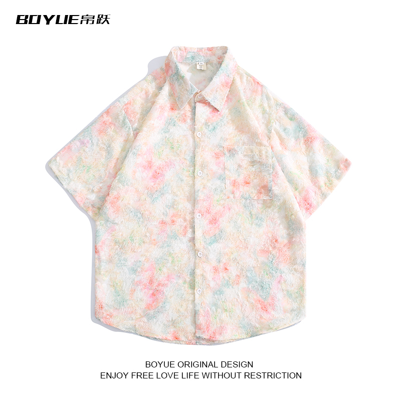 Boyue Floral Tassel Shirt with Unique Design, Elegant and Stylish, Raw Edge, Cool and Trendy Brand Short-Sleeve for Men and Women