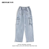 Летние дизайнерские штаны, прямые свободные джинсы, тренд сезона, свободный прямой крой, на шнурках, эластичная талия