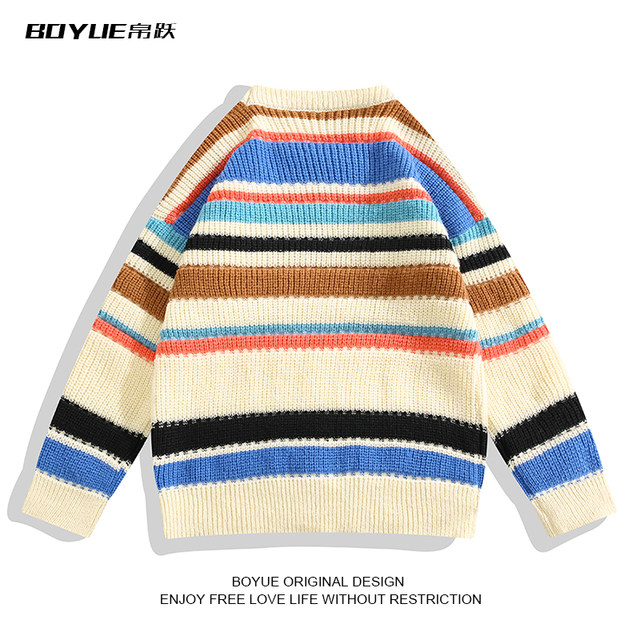 BOYUE ຜ້າໄຫມ jumper ທີ່ມີສີສັນ striped deer plush sweater ລະດູຫນາວ retro ໃຫມ່ trendy ວ່າງເສື້ອ sweater ສໍາລັບຜູ້ຊາຍ