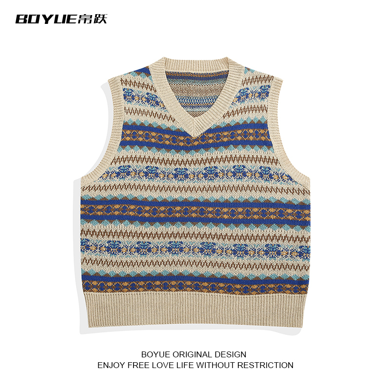 Boyue Men's Vintage Striped Knitted Vest Spring and Autumn Loose Layered Sleeveless Sweater Vest