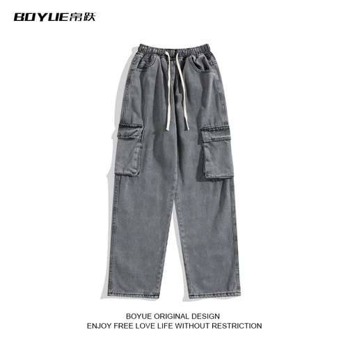 Летние дизайнерские штаны, прямые свободные джинсы, тренд сезона, свободный прямой крой, на шнурках, эластичная талия
