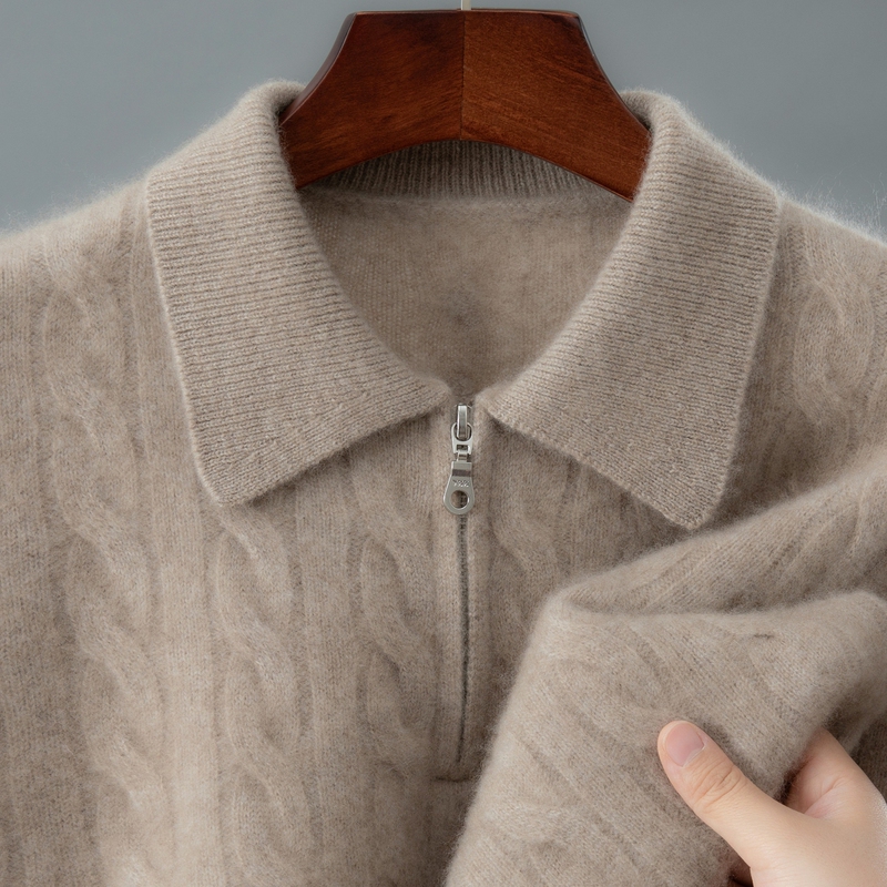 Twisted Pattern Polo Collar Men's Cashmere Sweater Loose Fit Pullover Business Casual Knit Zip-Up Half-Open Collar Winter