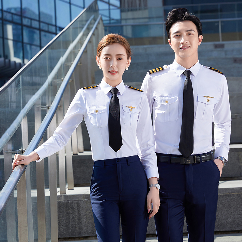 Long-Sleeved White Shirt, Unisex, Railway Pilot, Captain, Flight Attendant Performance Uniform, Professional Suit, Men's Shirt