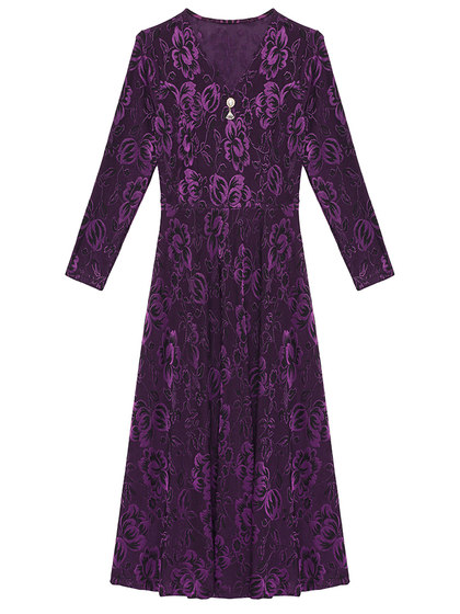 秋冬季网红提花长裙女妈妈装大码V领长袖连衣裙中年中长大摆裙