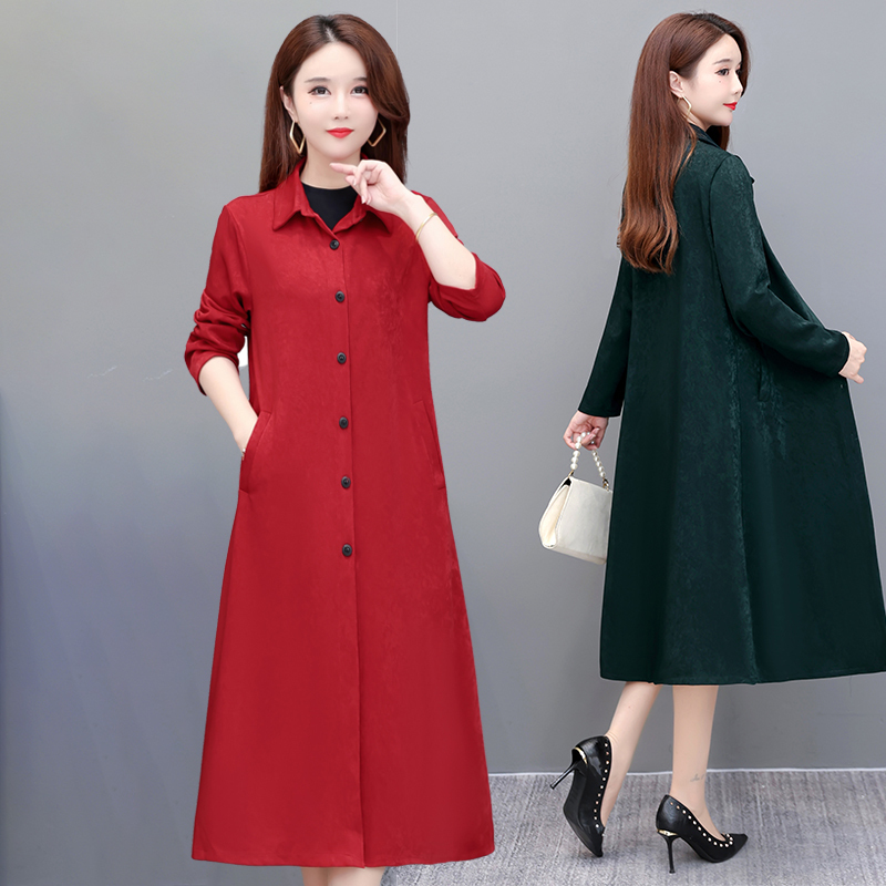 Autumn Trench Coat for Women, Korean Style, Ice Velvet Buttoned Jacket, Over-The-Knee, Lapel, Plus Size, Middle-Aged Mom Style, Long Style
