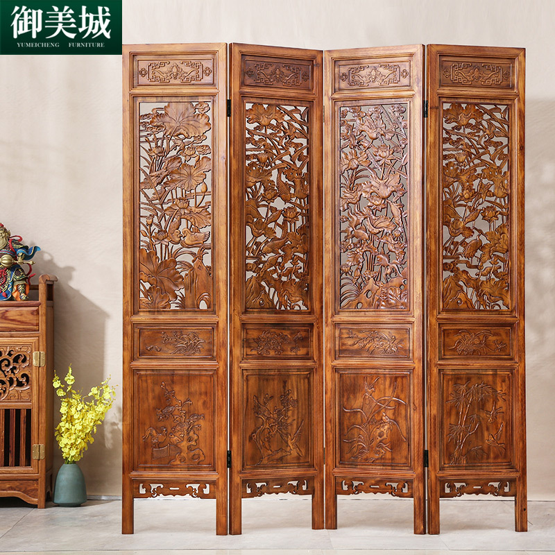 Chinese-Style Antique Living Room Office Entrance Partition Dongyang Wood Carving Camphor Wood Carving Solid Wood Mobile Folding Screen